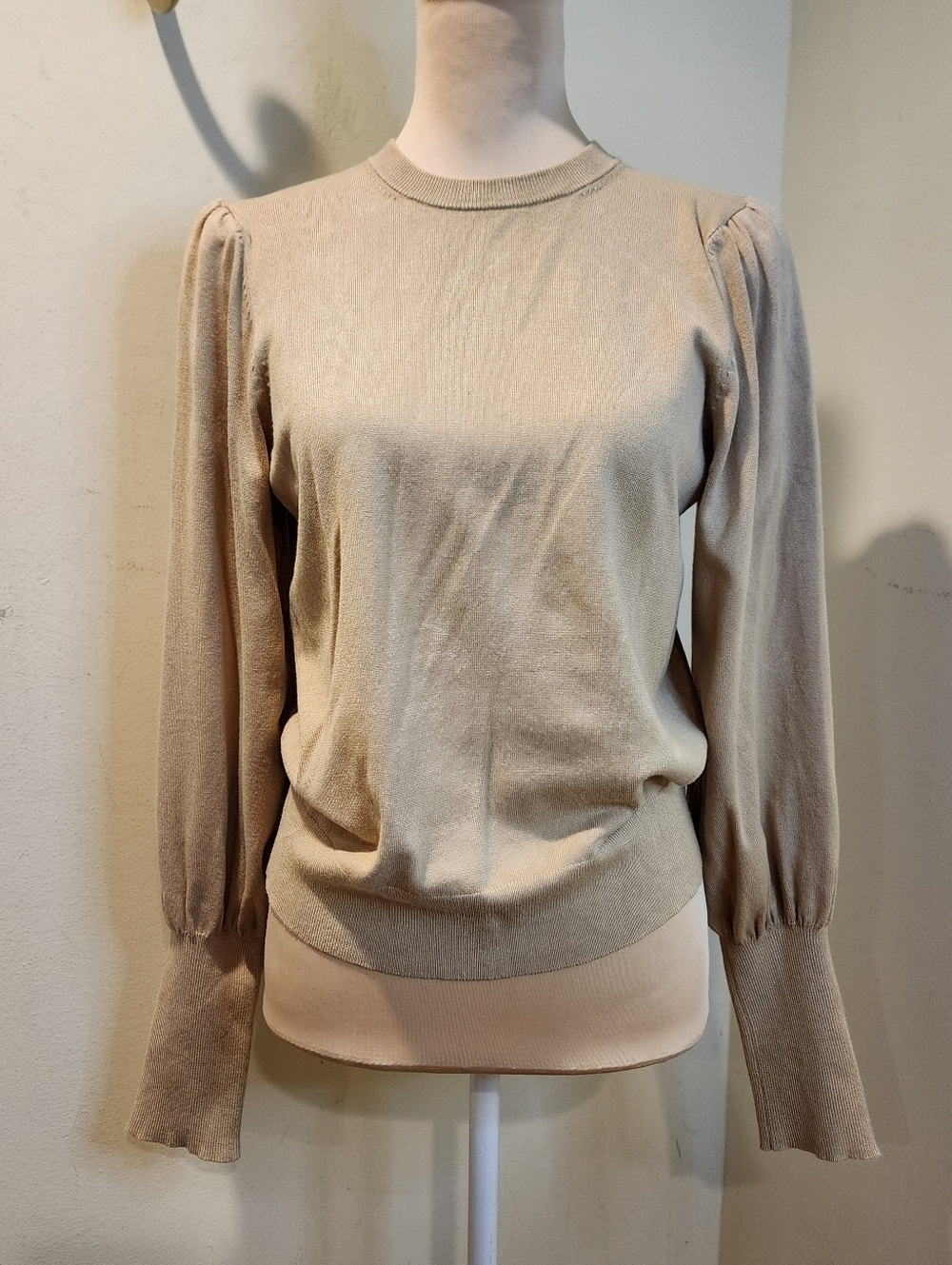 THE DROP Beige Puff Sleeve Knit Sweater